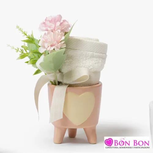 Bomboniera nascita e battesimo vasetto con fiori e tovaglietta AD - 1