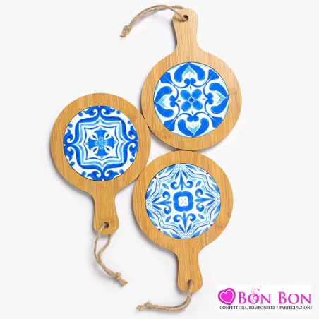 Bomboniera matrimonio tagliere piccolo con decoro bianco e blu AD - 1
