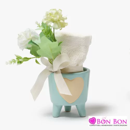 Bomboniera nascita e battesimo vasetto celeste con fiori e tovaglietta AD - 1