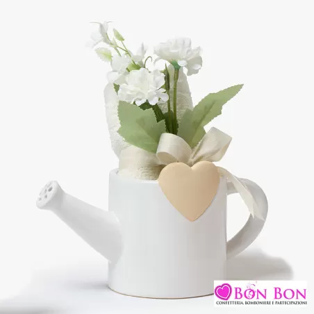 Bomboniera matrimonio annaffiatoio bianco con tovaglietta AD - 1