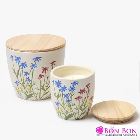 Bomboniere matrimonio candela in ceramica bianca con decoro fiori AD - 1