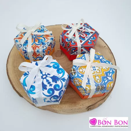Scatolina matrimonio portaconfetti tema siciliano con maioliche esagonali - 3
