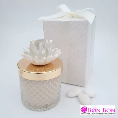 Bomboniera matrimonio candela vetro con corallo bianco Melograno - 1