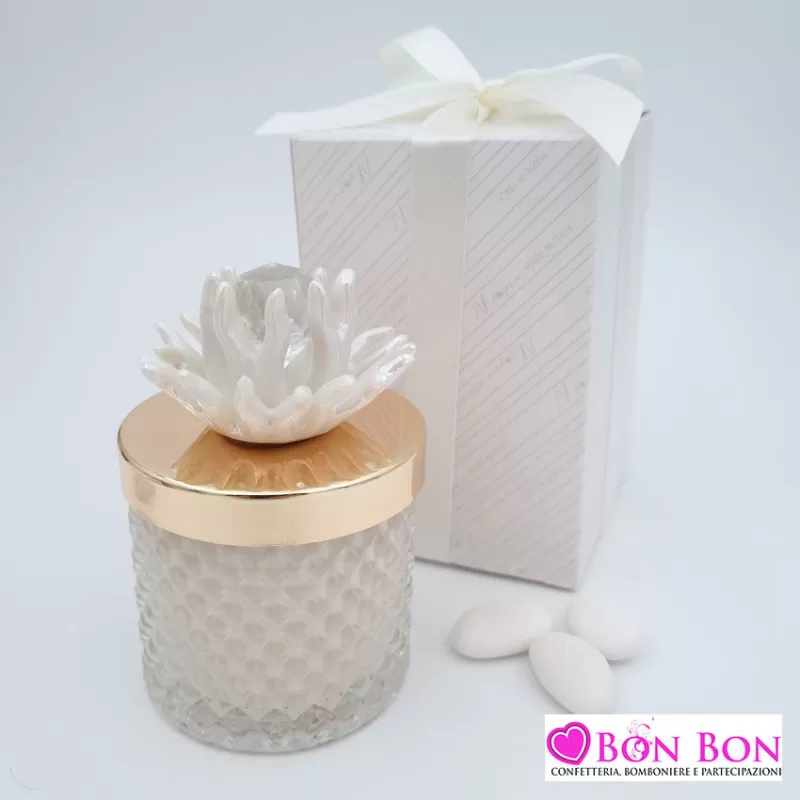 Bomboniera matrimonio candela vetro con corallo bianco Melograno - 1