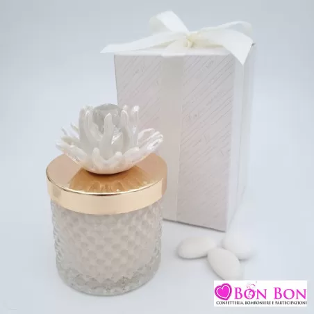 Bomboniera matrimonio candela vetro con corallo bianco Melograno - 1