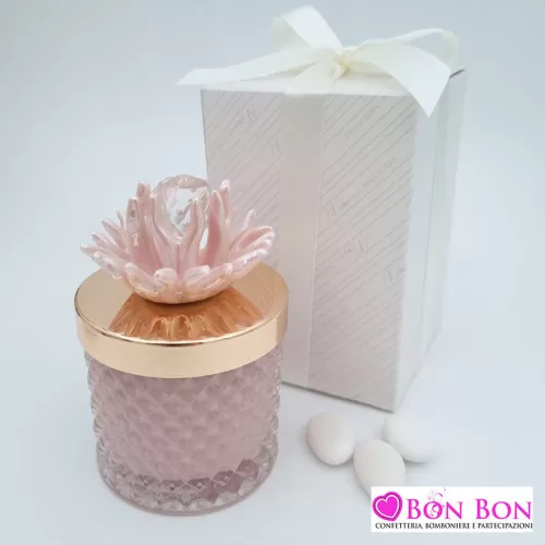 Bomboniera matrimonio candela vetro con corallo cipria Melograno - 1