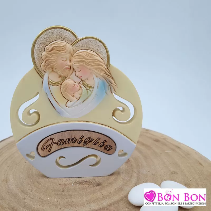 Bomboniera prima comunione con icona sacra famiglia e scritta in legno ETM - 1