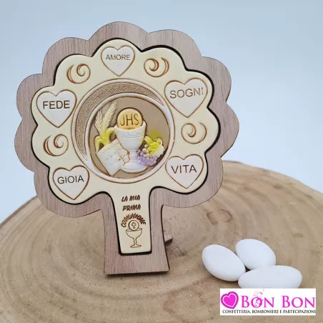 Bomboniera prima comunione albero della vita in legno con icona comunione in resina ETM - 1