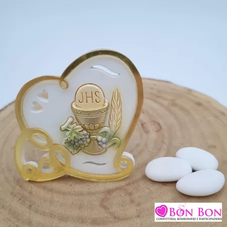 Bomboniera prima comunione cuore con icona prima comunione e dettaglio in plex oro ETM - 1