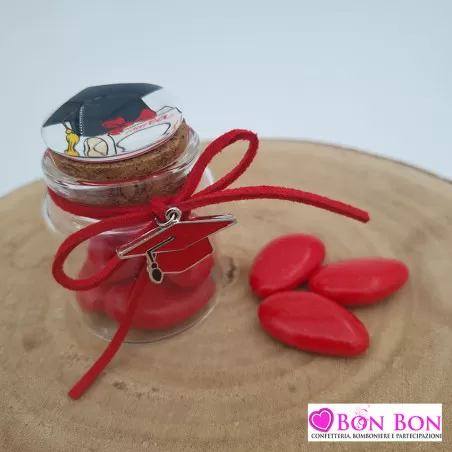 Porta confetti barattolo laurea con ciondolo tocco rosso - 1
