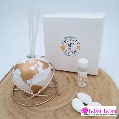 Bomboniera matrimonio profumatore mappamondo colori bianco e rosa gold ETM - 1