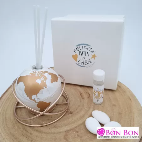 Bomboniera matrimonio profumatore mappamondo colori bianco e rosa gold ETM - 1