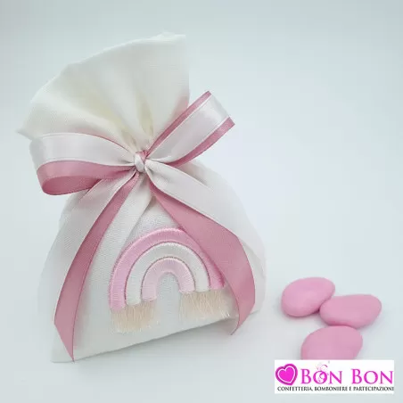 Sacchetto per battesimo busta con arcobaleno rosa ricamato Cupido - 1