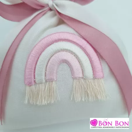 Sacchetto per battesimo busta con arcobaleno rosa ricamato Cupido - 2