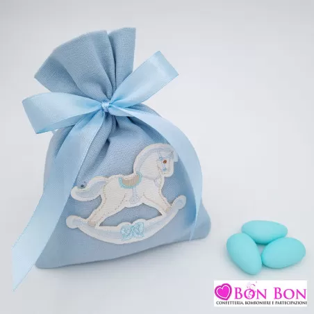 Sacchetto per battesimo busta celeste con cavallino in tessuto Cupido - 1
