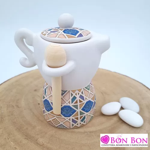 Bomboniera matrimonio moka con cucchiaino in legno decoro maioliche ETM - 1
