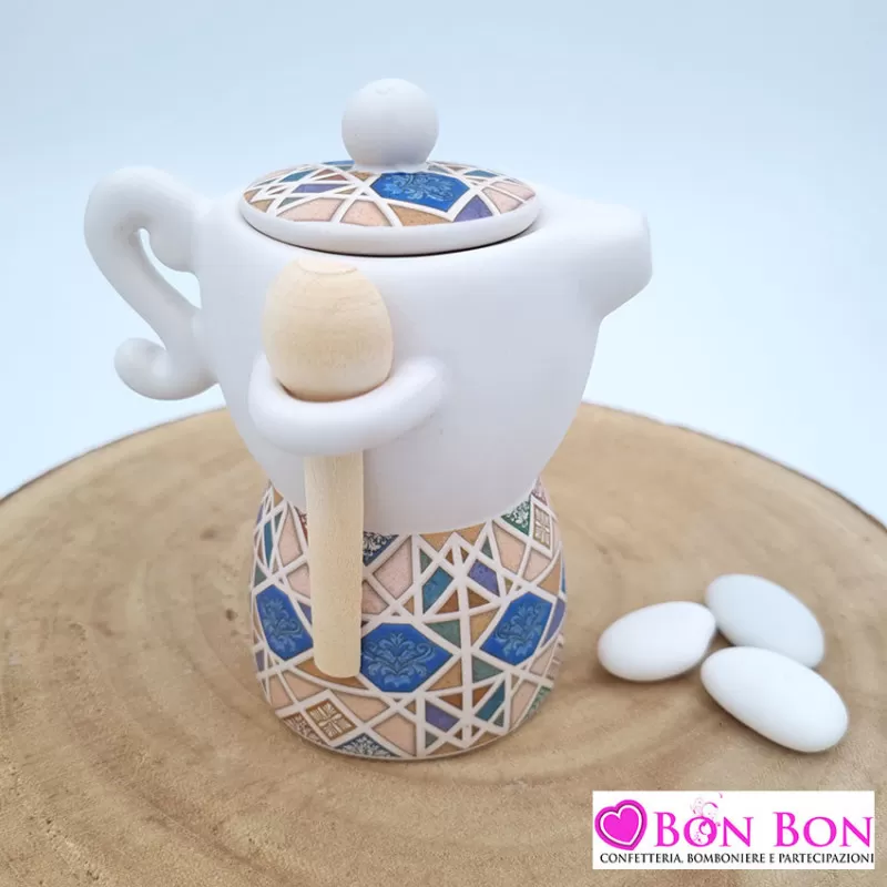 Bomboniera matrimonio moka con cucchiaino in legno decoro maioliche ETM - 1
