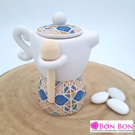Bomboniera matrimonio moka con cucchiaino in legno decoro maioliche ETM - 1