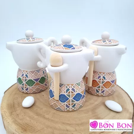 Bomboniera matrimonio moka con cucchiaino in legno decoro maioliche ETM - 13