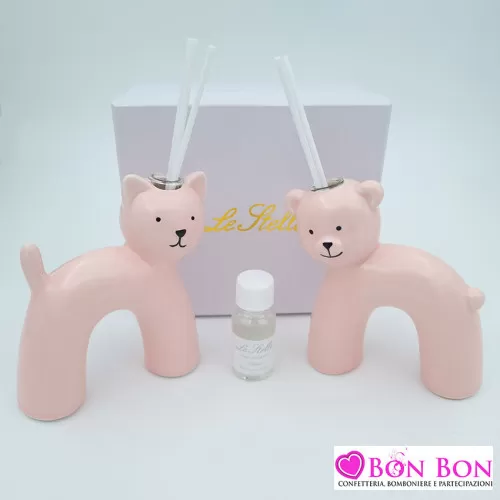 Bomboniera nascita e battesimo profumatore gatto e orso rosa Le stelle - 1
