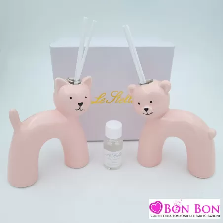 Bomboniera nascita e battesimo profumatore gatto e orso rosa Le stelle - 1