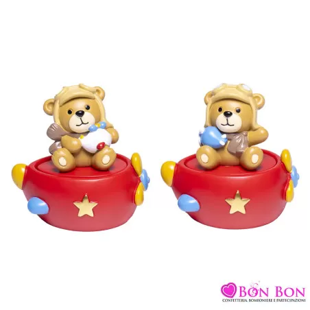 Bomboniera nascita e battesimo orsetto aviatore su scatola Margot - 1