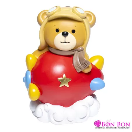 Bomboniera nascita e battesimo orsetto aviatore salvadanaio Margot - 1