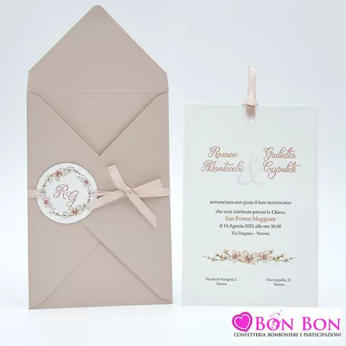 Partecipazione matrimonio con fiori colore cipria 08107 Alessia Partecipazioni - 1