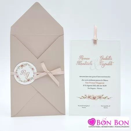 Partecipazione matrimonio con fiori colore cipria 08107 Alessia Partecipazioni - 1