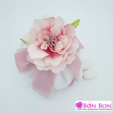 Sacchetto matrimonio fagotto raso bianco con ortenzia rosa antico - 2