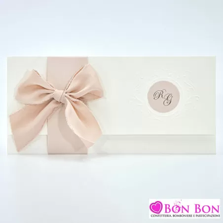 Partecipazione matrimonio con fiocco chiffon rosa cipria 08981 Alessia Partecipazioni - 1