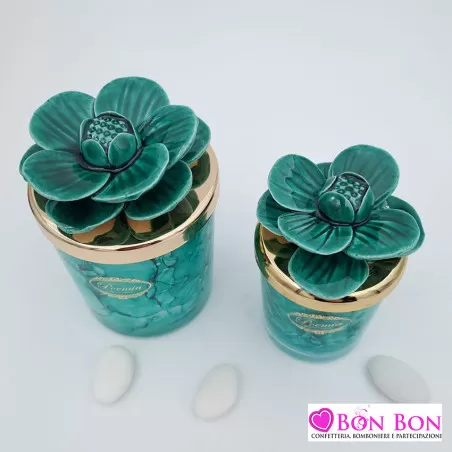 Bomboniera matrimonio candela verde maculata con fiore - 2