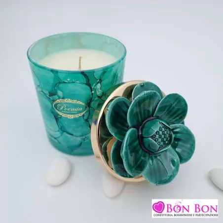 Bomboniera matrimonio candela verde maculata con fiore - 3