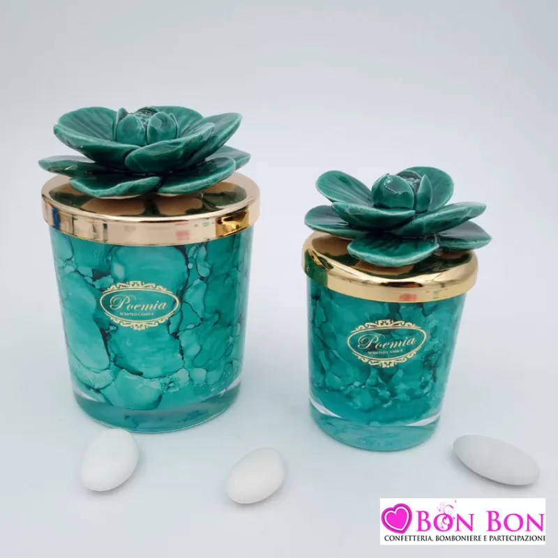 Bomboniera matrimonio candela verde maculata con fiore - 1