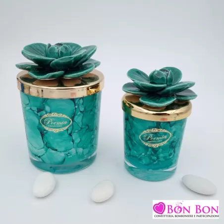 Bomboniera matrimonio candela verde maculata con fiore - 1