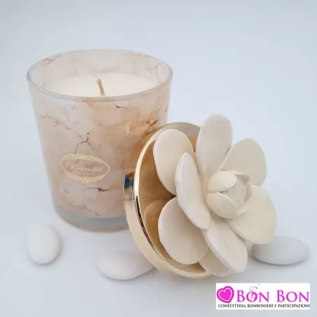 Bomboniera matrimonio candela avorio maculata con fiore - 3