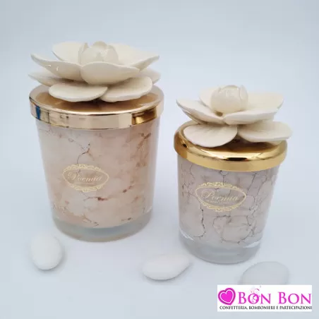 Bomboniera matrimonio candela avorio maculata con fiore - 1