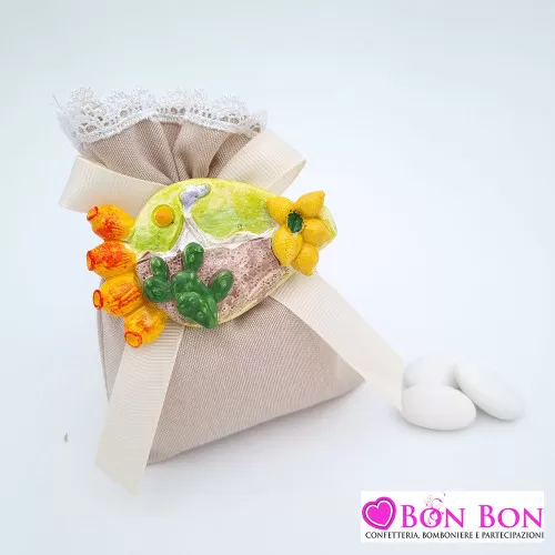 Sacchetto matrimonio tortora con merletto e magnete pala fico d'india Royal Gifts - 1