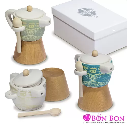 Bomboniera matrimonio solidale zuccheriera caffettiera con base legno Quadrifoglio - 1