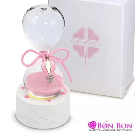 Bomboniera nascita e battesimo clessidra mongolfiera rosa Quadrifoglio - 1
