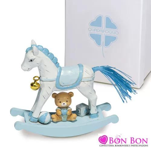 Bomboniera nascita e battesimo cavalluccio a dondolo celeste Quadrifoglio - 1