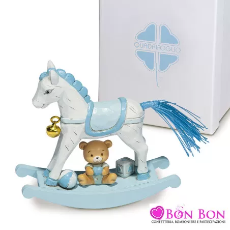 Bomboniera nascita e battesimo cavalluccio a dondolo celeste Quadrifoglio - 1