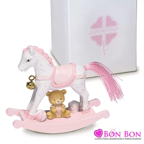 Bomboniera nascita e battesimo cavalluccio a dondolo rosa Quadrifoglio - 1