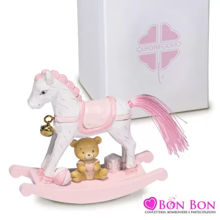 Bomboniera nascita e battesimo cavalluccio a dondolo rosa Quadrifoglio - 1