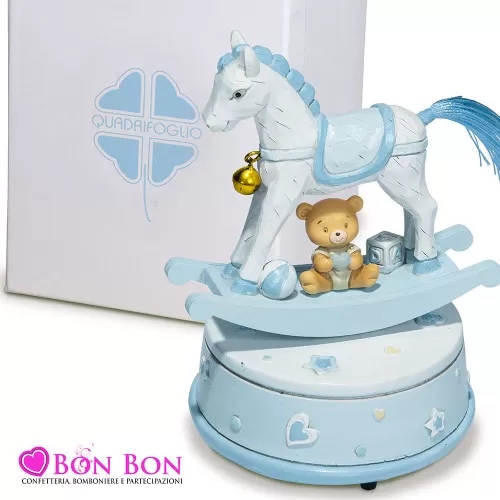 Bomboniera nascita e battesimo carillon cavalluccio a dondolo celeste Quadrifoglio - 1
