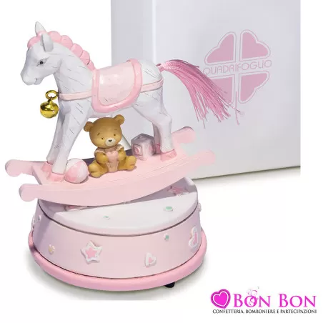 Bomboniera nascita e battesimo carillon cavalluccio a dondolo rosa Quadrifoglio - 1