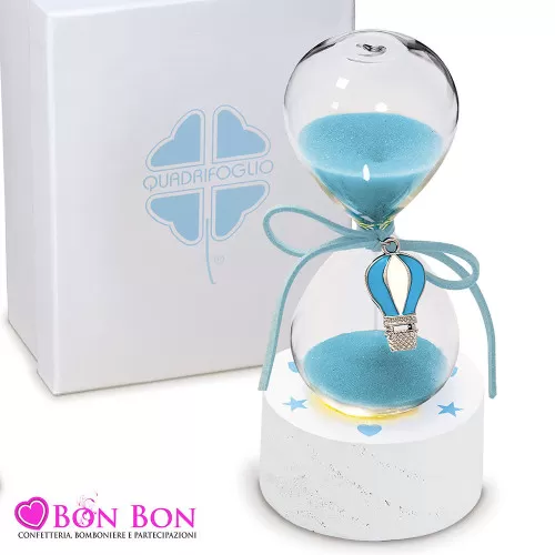 Bomboniera nascita e battesimo clessidra mongolfiera celeste Quadrifoglio - 1