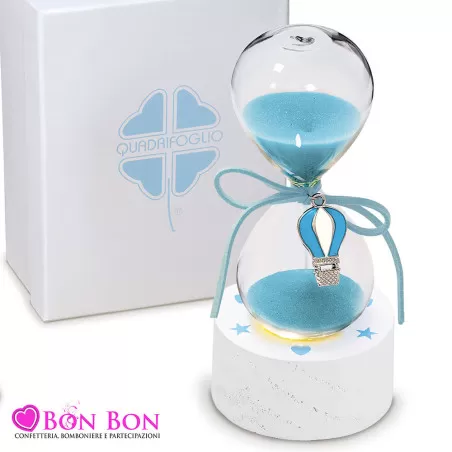 Bomboniera nascita e battesimo clessidra mongolfiera celeste Quadrifoglio - 1