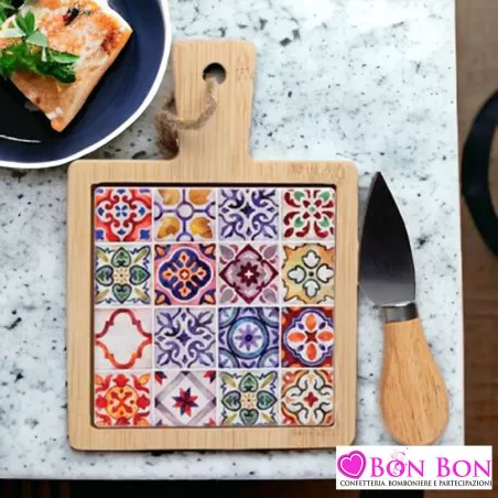 Bomboniera matrimonio solidale tagliere rettangolare con coltello sicily Cuorematto - 2