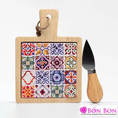 Bomboniera matrimonio solidale tagliere rettangolare con coltello sicily Cuorematto - 1